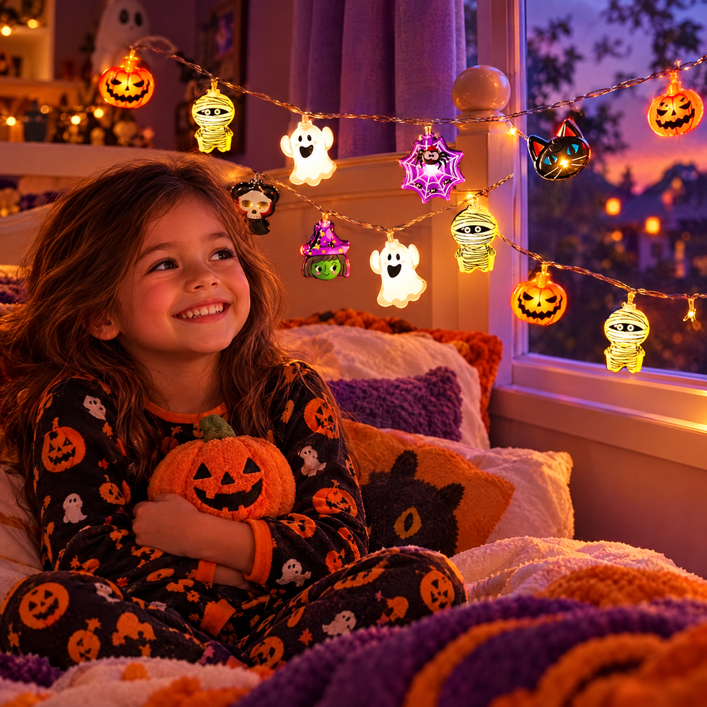 Spooky-cute Halloween string lights glowing over a child's bed
