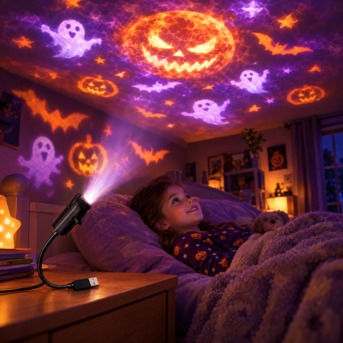 Halloween projector night light casting ghosts, bats and pumpkins on a child's bedroom ceiling