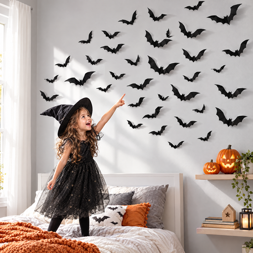 Child pointing at a swarm of 3D bat wall stickers in a bedroom