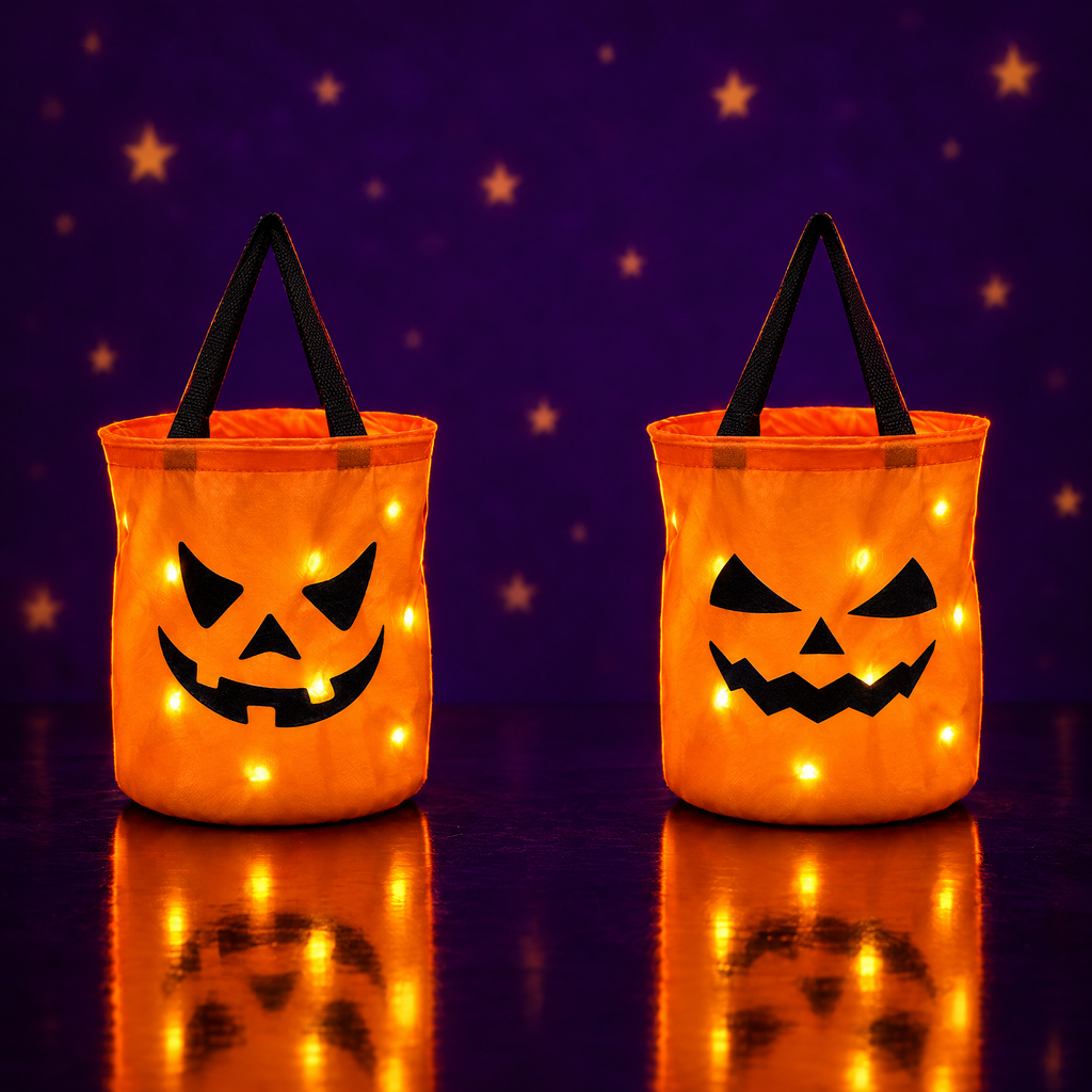 Smile and Grin glow pumpkin buckets side by side