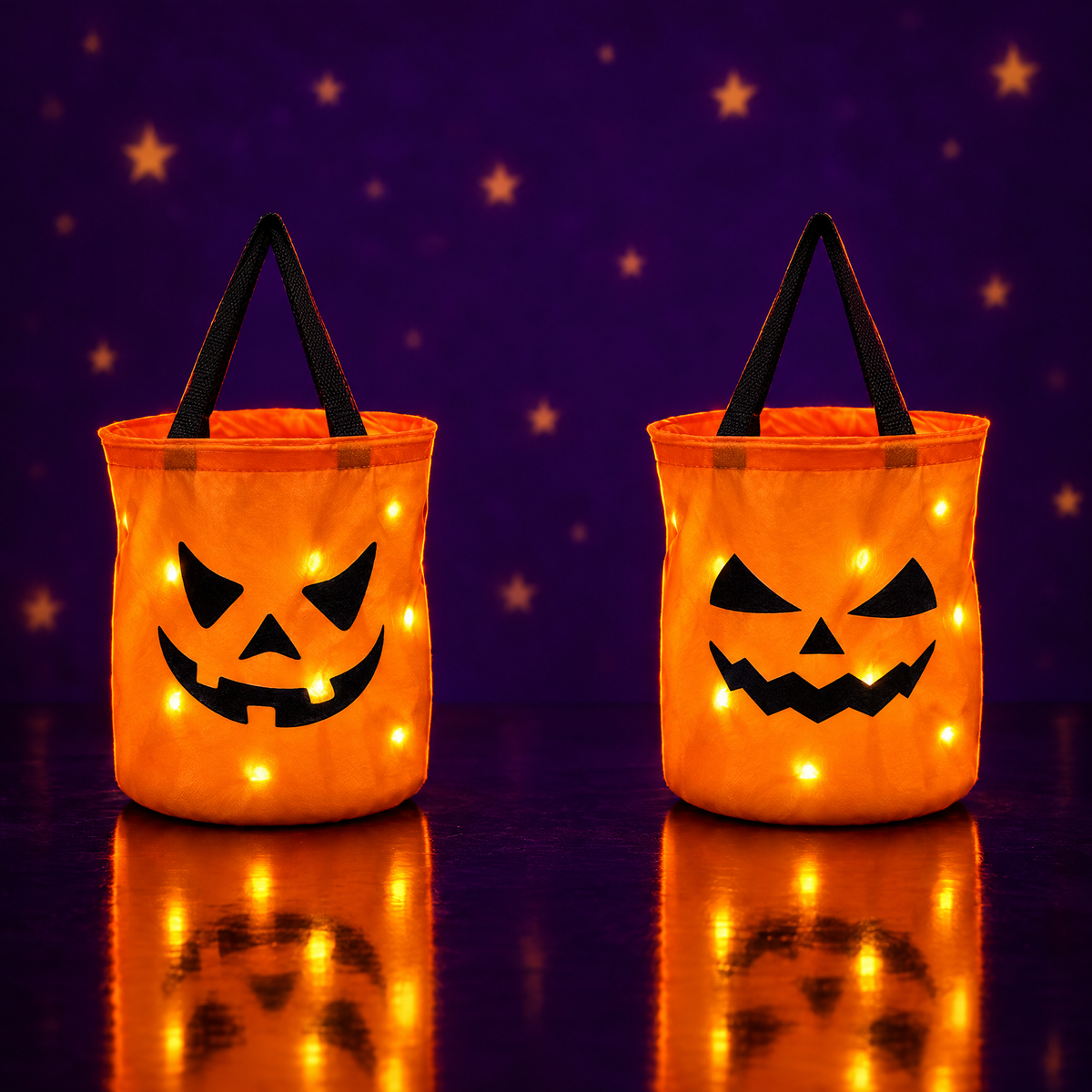 Smile and Grin glow pumpkin buckets side by side