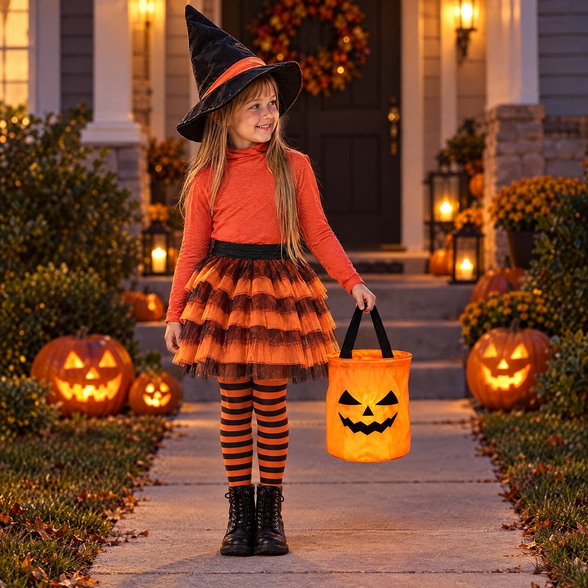 Child holding the glow pumpkin bucket to show its size